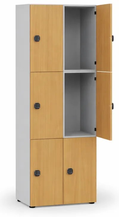 Drevená šatníková skrinka S4 s úložnými boxmi, 6 boxov, demont, kódový zámok, sivá/buk