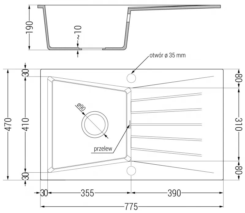 Mexen Cesar, granitový drez 775x470x190 mm, 1-komorový, čierna s čiernym sifónom a zlatá drezová batéria Telma, 6514-77-670200-50-B