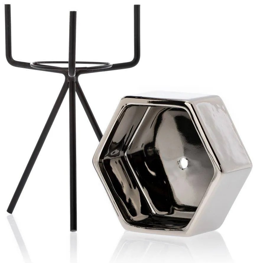 KERAMICKÝ KVETINÁČ SO STOJANOM SASHI 16X9,5 CM STRIEBORNÁ