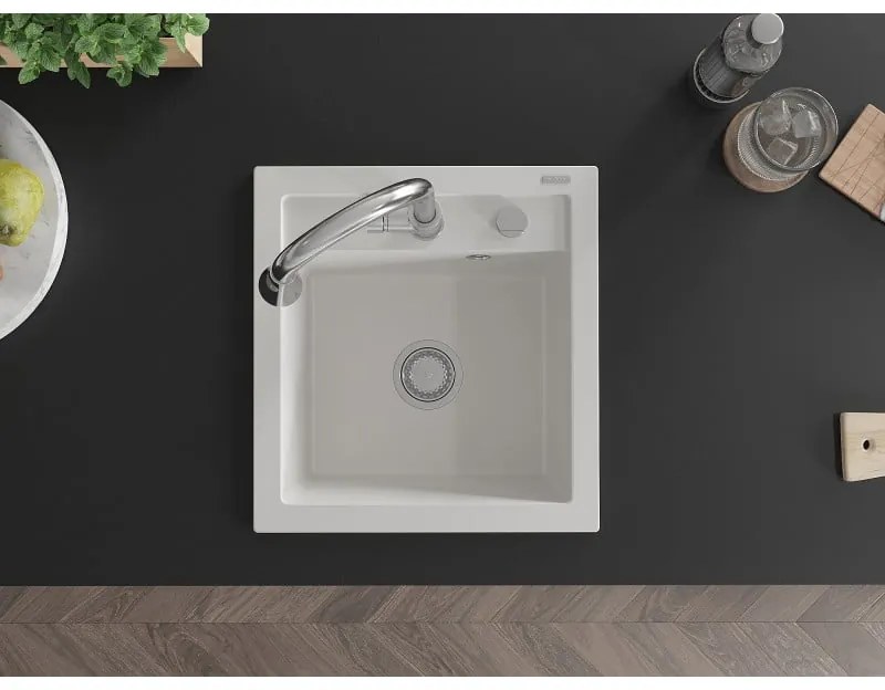 Mexen Vito, 1-komorový granitový drez 490x520x210 mm a drezová batéria Elia, biela, 6503-20-670101-00