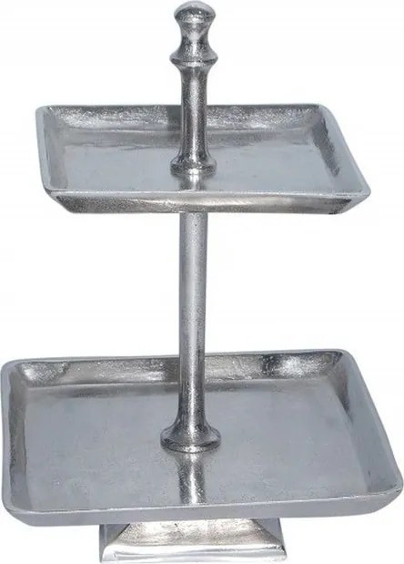 Strieborný kovový 2-poschodový štvorcový etažér - 34cm