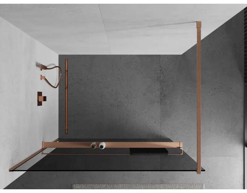 Mexen Kioto+, sprchová zástena Walk-In s poličkou a vešiakom 80 x 200 cm, 8mm šedé sklo, medený matný profil, 800-080-121-65-40