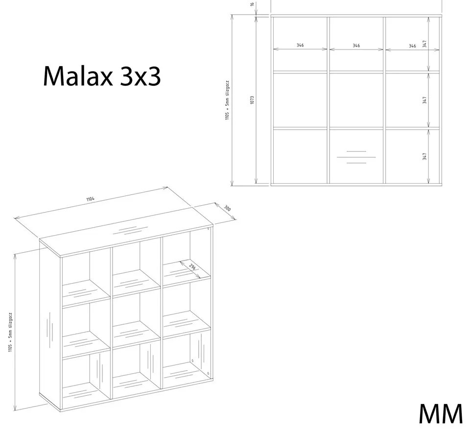 Regál MALAX 3x3 110 cm dub remeselný