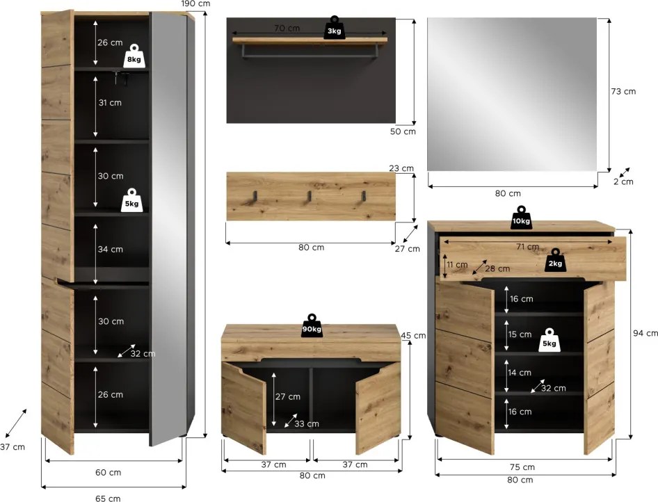 Predsieňová zostava Cano (6-dielna), šedá/dub artisan
