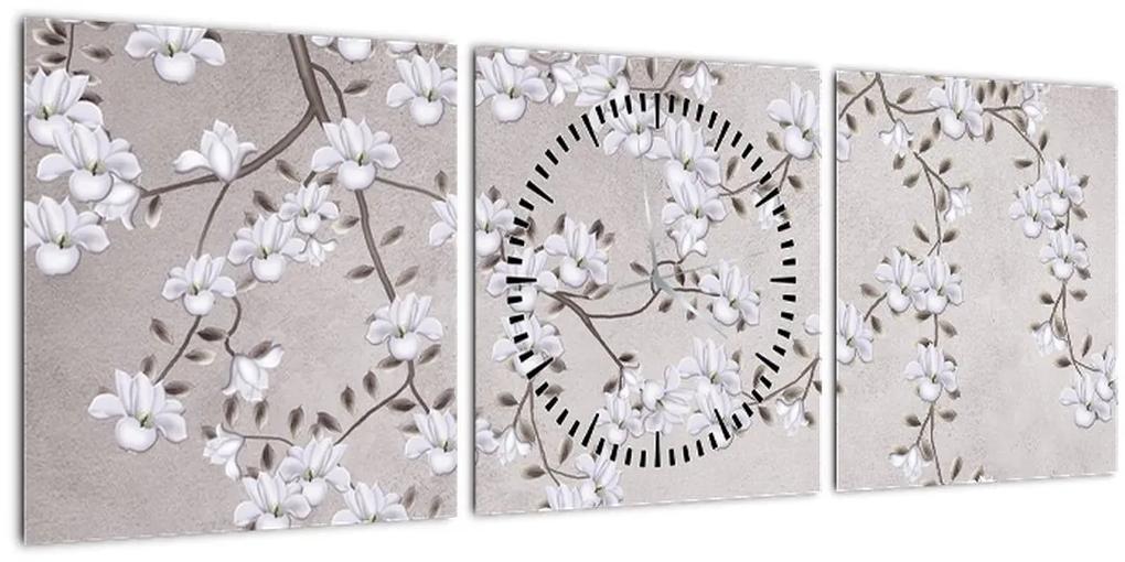 Obraz - Kvety v šedivej krajine (s hodinami) (90x30 cm)