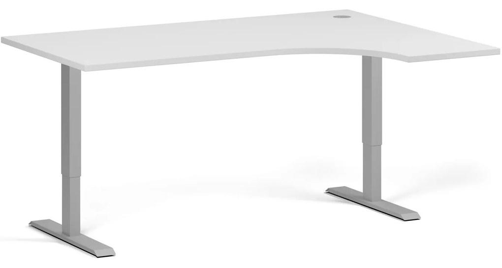 Rohový výškovo nastaviteľný stôl, 160x120 cm, 2 motory, L/P, sivá podnož, biela