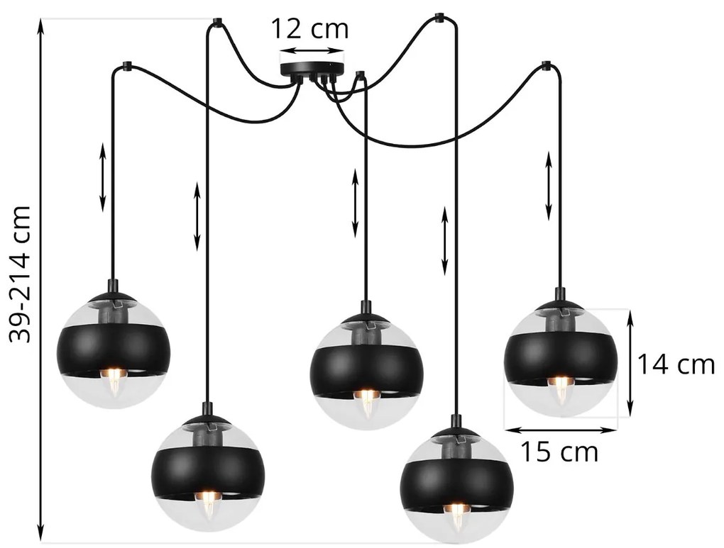 Závesne svietidlo Toledo Spider, 5x čierne/transparentné sklenené tienidlo, B