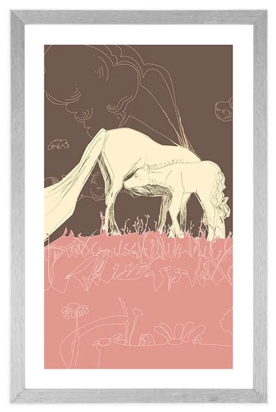 Plagát s paspartou kôň na ružovej lúke - 40x60 white