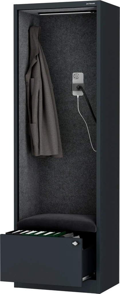 Skriňa so sedadlom a zónou ticha SALLY MentalBox, antracitová konštrukcia, tmavošedé sedadlo, 1850 x 600 x 400 mm