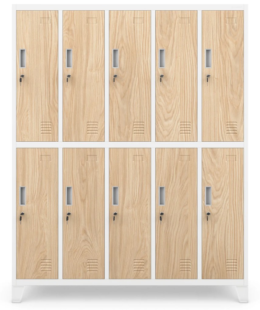 Kovová šatňová boxová skriňa na nôžkach s 10 boxami BARTEK, 1360 x 1720 x 450 mm, Eco Design: biela/ dub sonoma