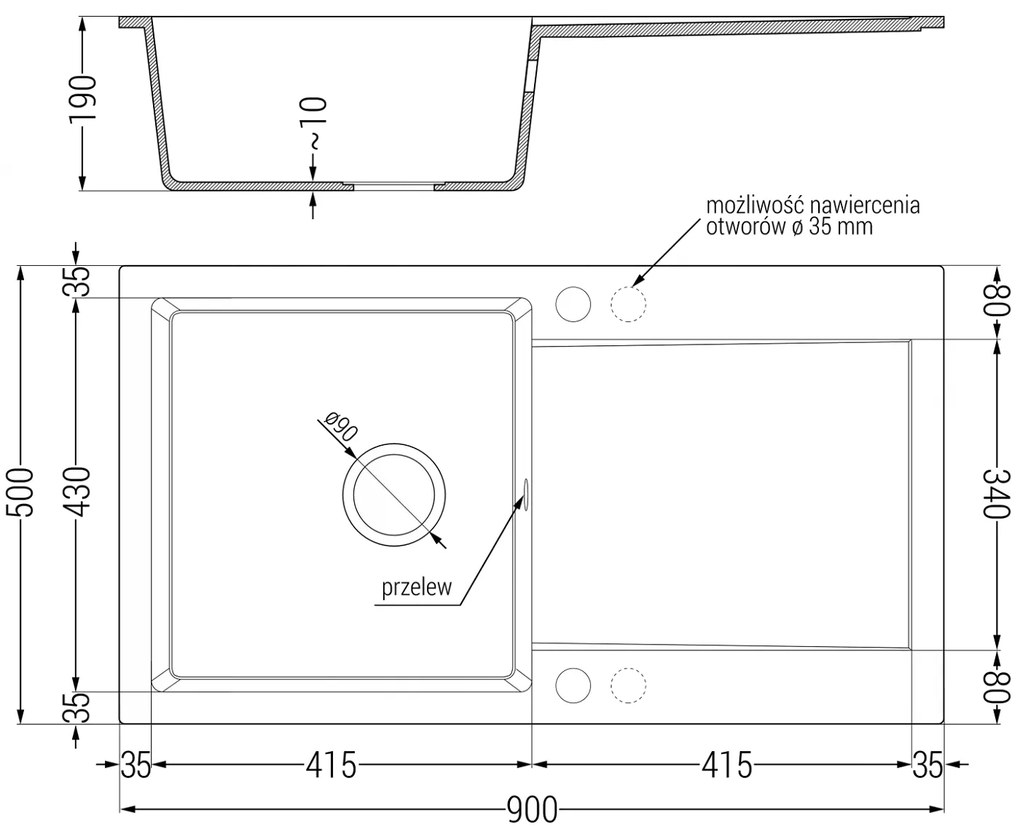 Mexen Leo, drez granitový 900x500x190 mm, 1-komorový a čierna batéria Telma, čierna škvrnitá, 6501-76-670200-70