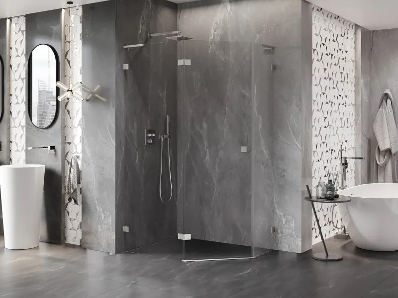 Mexen Lunar, L päťuholníkový sprchový kút naklápací doľava 100 x 90 cm, 8mm číre sklo, oceľový profil, 831L-100L-090P-97-00-L