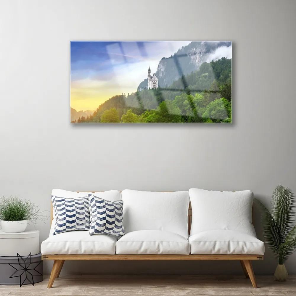 Skleneny obraz Zámok v horách les príroda 140x70 cm