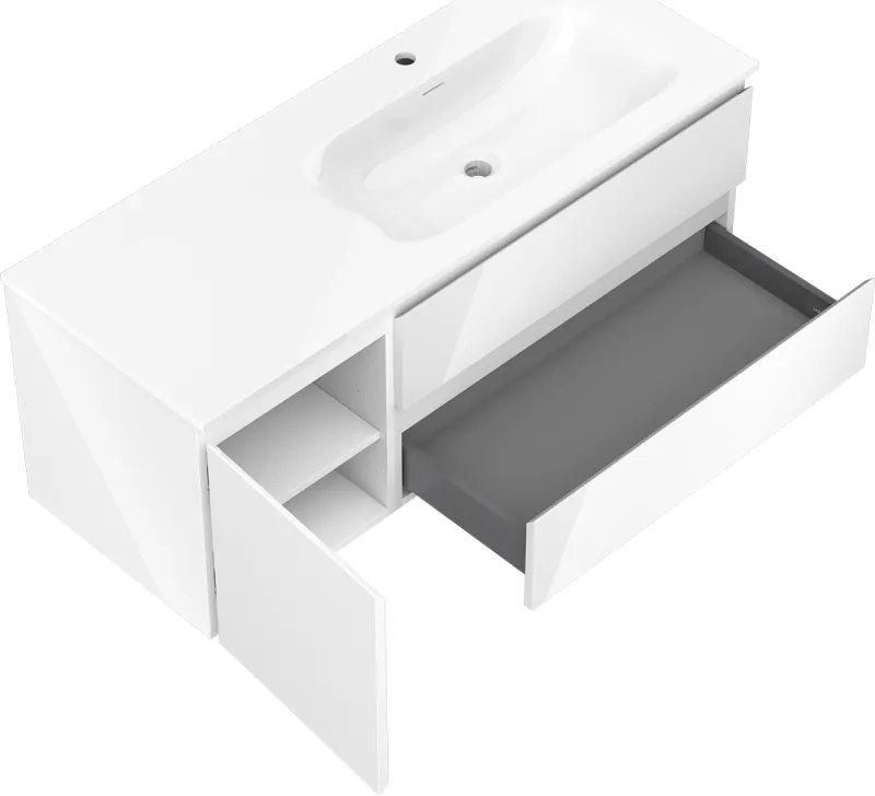 Mexen Orio, kúpeľňová skrinka 120 cm s pravým umývadlom Vela, 2S, 1D, biela lesklá, 91A13-12047-3-BBFFF00-W23P00