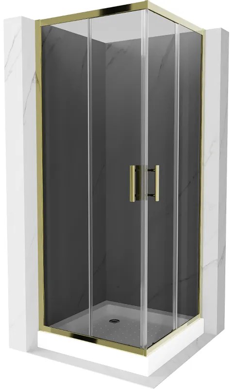Mexen Rio, štvorcový sprchovací kút s posuvnými dverami 80(dvere) x 80(dvere) x 190 cm, 6mm šedé sklo, zlatý profil + biela sprchová vanička RIO, 860-080-080-50-40-4510