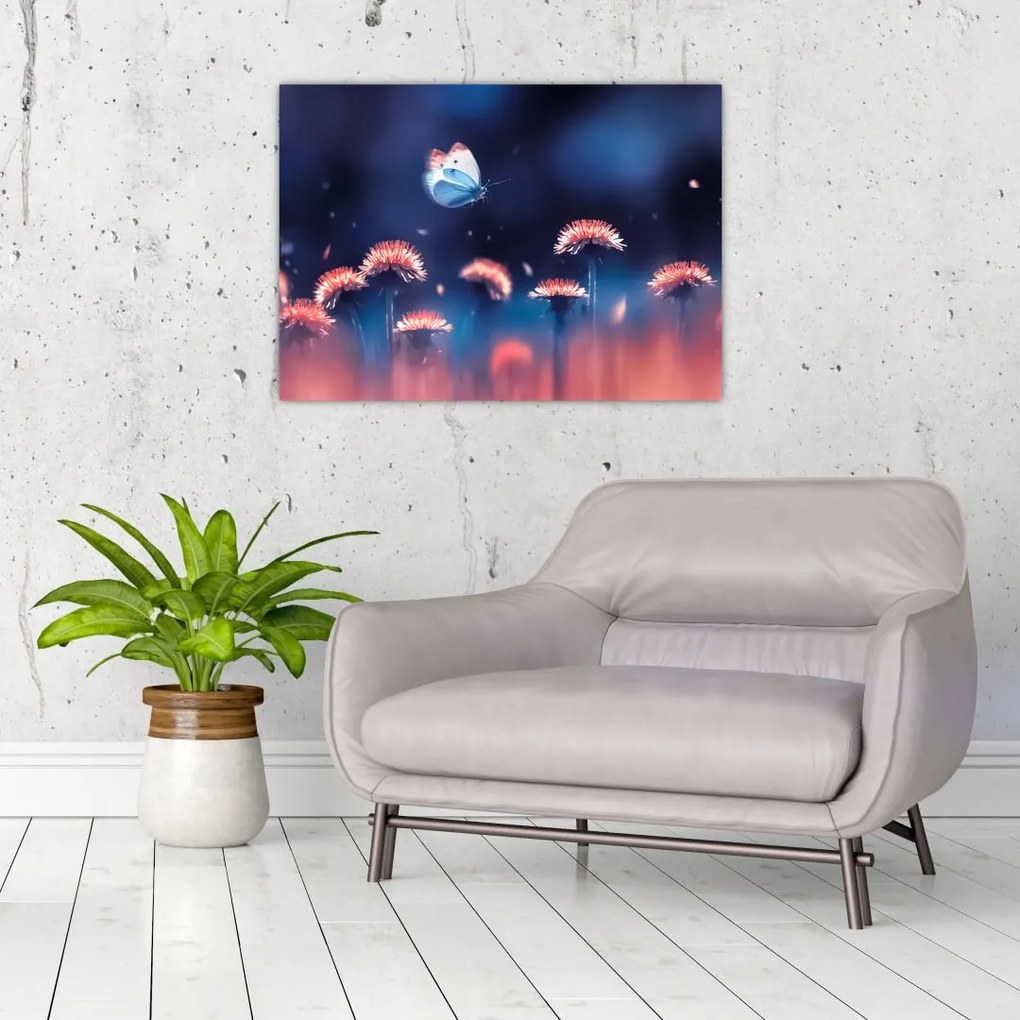 Obraz púpav s modrým motýľom (70x50 cm)