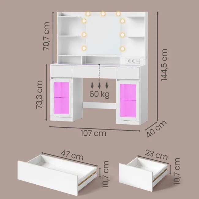Toaletný stolík so zrkadlom a RGB LED osvetlením RDTB35145WB01