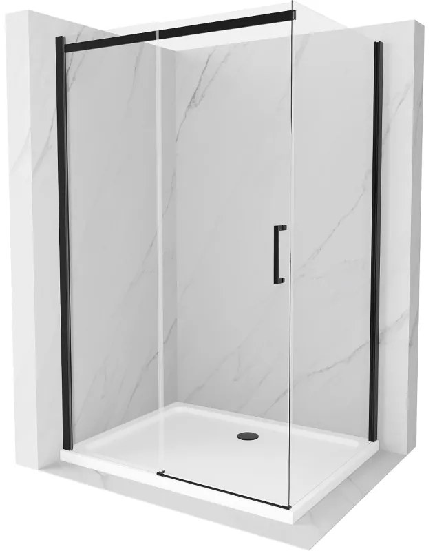 Mexen Omega, sprchovací kút s posuvnými dverami 100 (dvere) x 90 (stena) cm, 8mm číre sklo, čierny profil + slim sprchová vanička biela s čiernym sifónom, 825-100-090-70-00-4010B