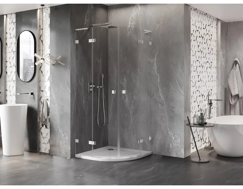 Mexen Lunar, L polkruhový výklopný sprchový kút 80 x 80 cm, 8mm číre sklo, chrómový profil, 833L-080L-080P-01-00
