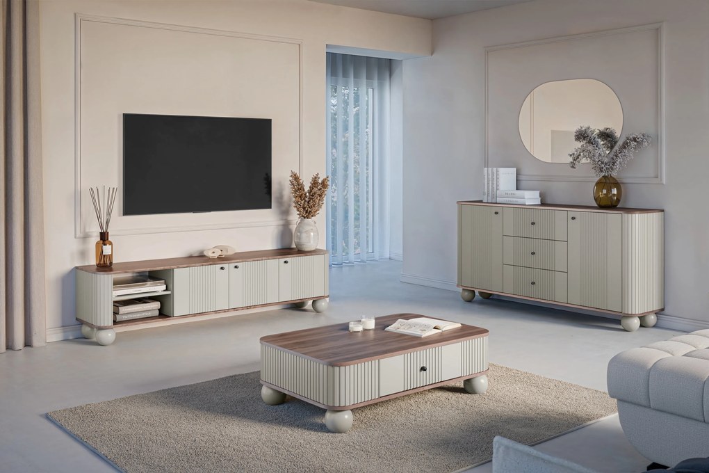 RTV skrinka Vesper 187 cm trojdverová - kasmír / orech / čierne úchyty / nohy guľaté