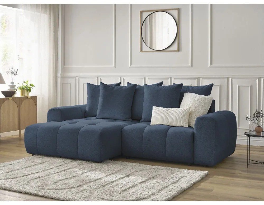 Modrá ženilková rozkladacia/s úložným priestorom rohová pohovka (ľavý roh/s leňoškou) Roxelane – Bobochic Paris