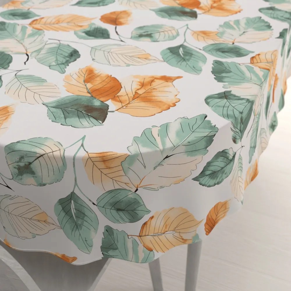 Biante Bavlnený oválny obrus Sandra SA-748 Hnedo-zelené akvarelové listy na bielom 120x160 cm