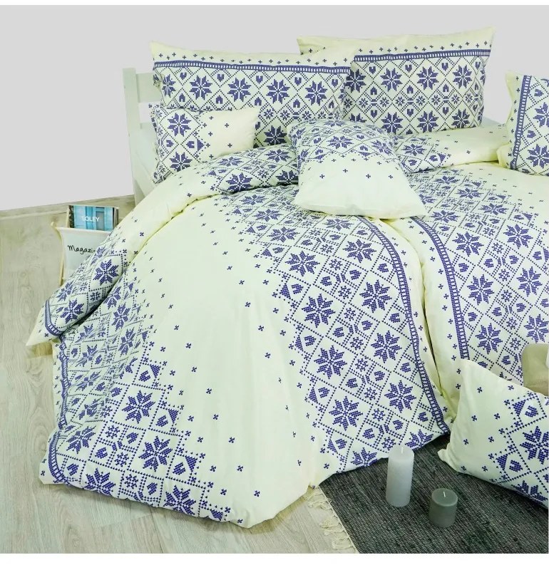 Obliečky bavlnené Etno krémovo-modré EMI, Štandardný set jednolôžko obsahuje 1x 140x200 + 1x 70x90