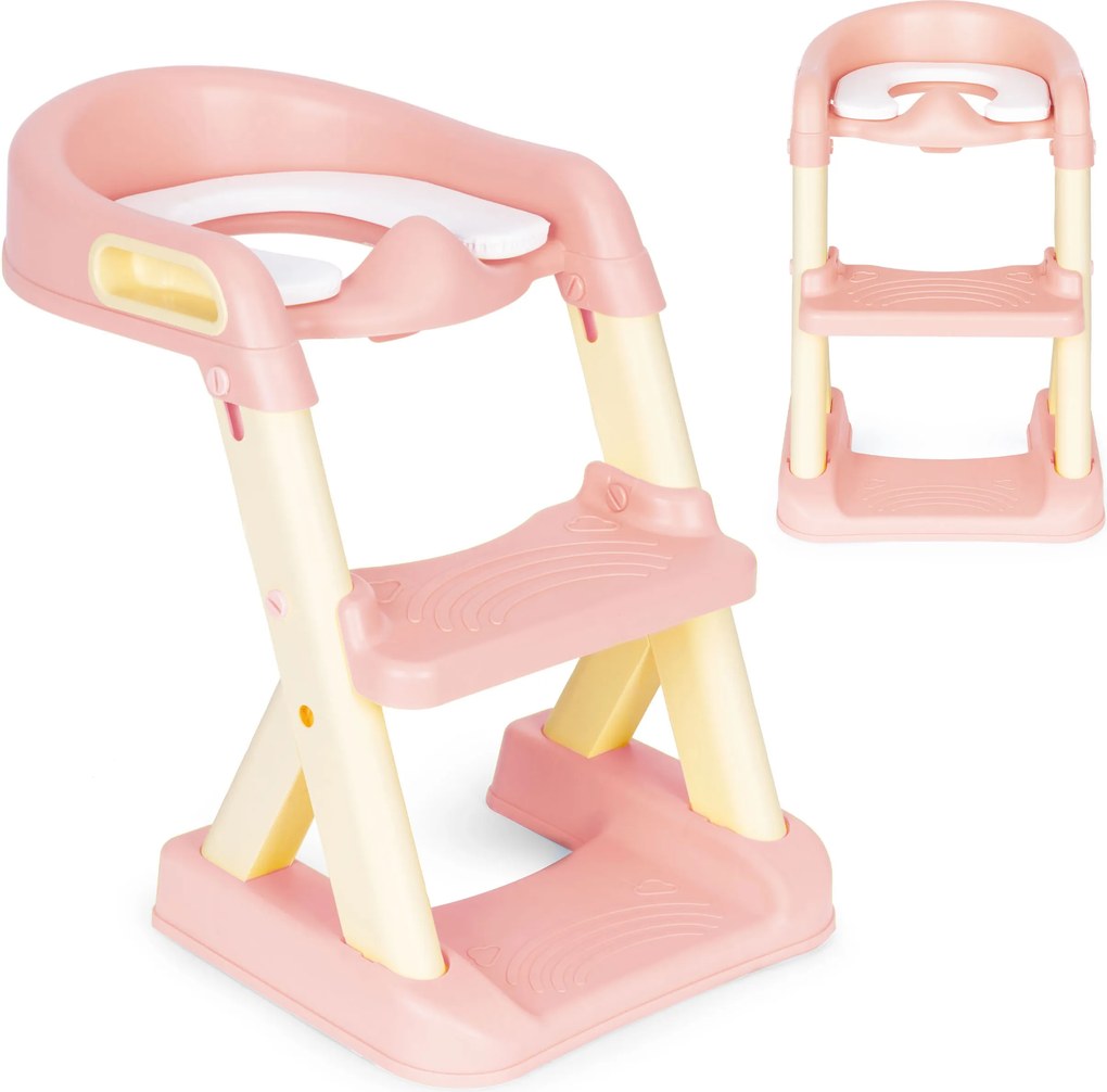 ECOTOYS detské WC sedátko s nastaviteľnými schodíkmi a mäkkým sedadlom, ružové