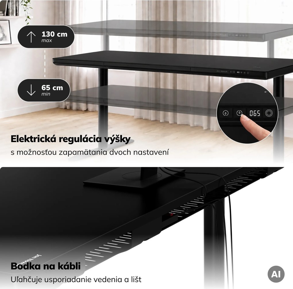 Elektrický písací stôl sit-stand so zásuvkou a bezdrôtovou nabíjačkou Qi čierny, 1600 mm: ELLIS