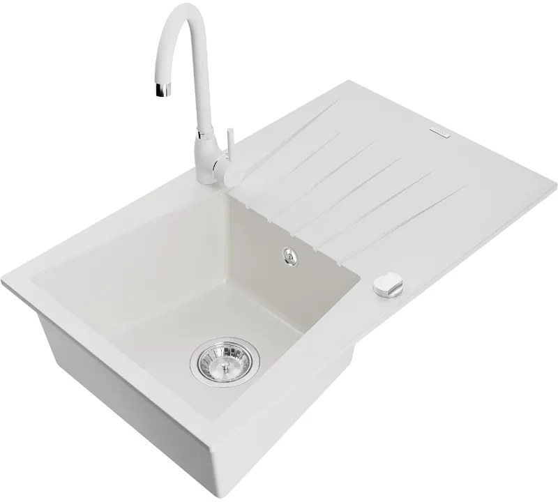 Mexen Cesar, 1-komorový granitový drez s odkvapkávačom 78x47 cm a kuchynskou batériou Telma, biela, 6514-20-670200-20