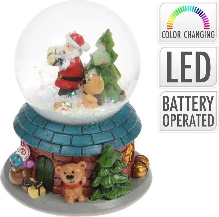 LED vianočná snehová guľa Santa a macko 6,5 cm