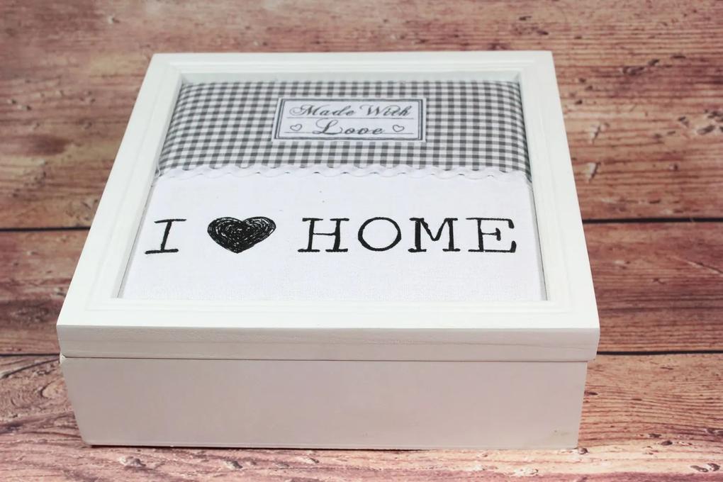 Drevená krabica na čaj "I LOVE HOME" (24x8x24 cm) - biela