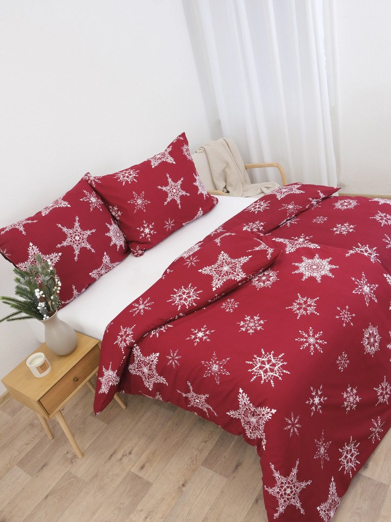 Vianočné predĺžené bavlnené obliečky Renforcé - Snehové vločky červené