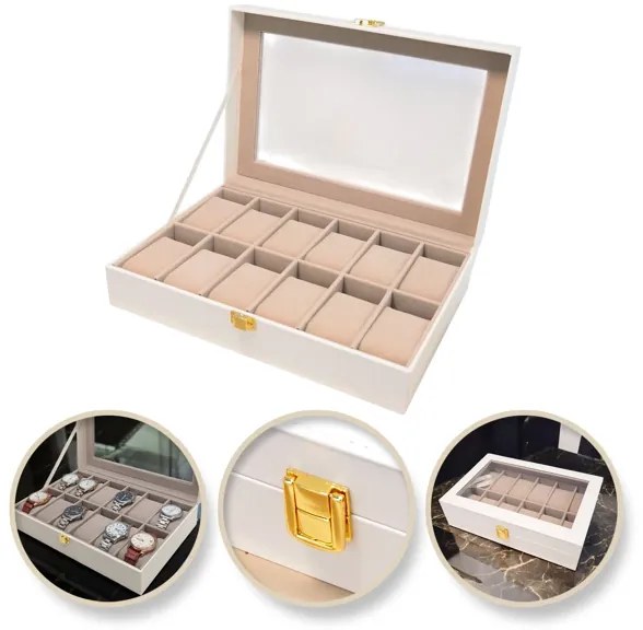 eCarla Organizér na hodinky, box, puzdro na 12ks hodiniek, ekokoža, biela