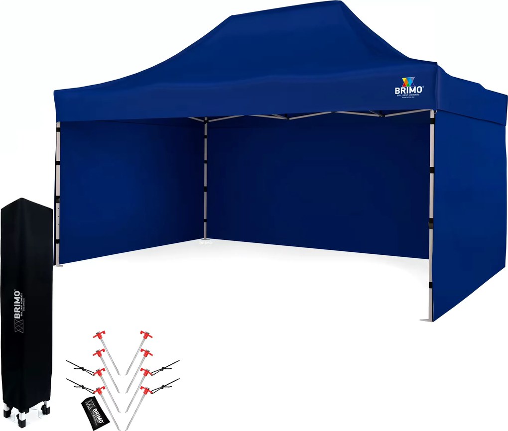 BRIMO Záhradný stan 3x4,5 m Oceľ | Rýchlo-rozkladací Altánok na Eventy a Párty - s 3 stenami - Modrá 10