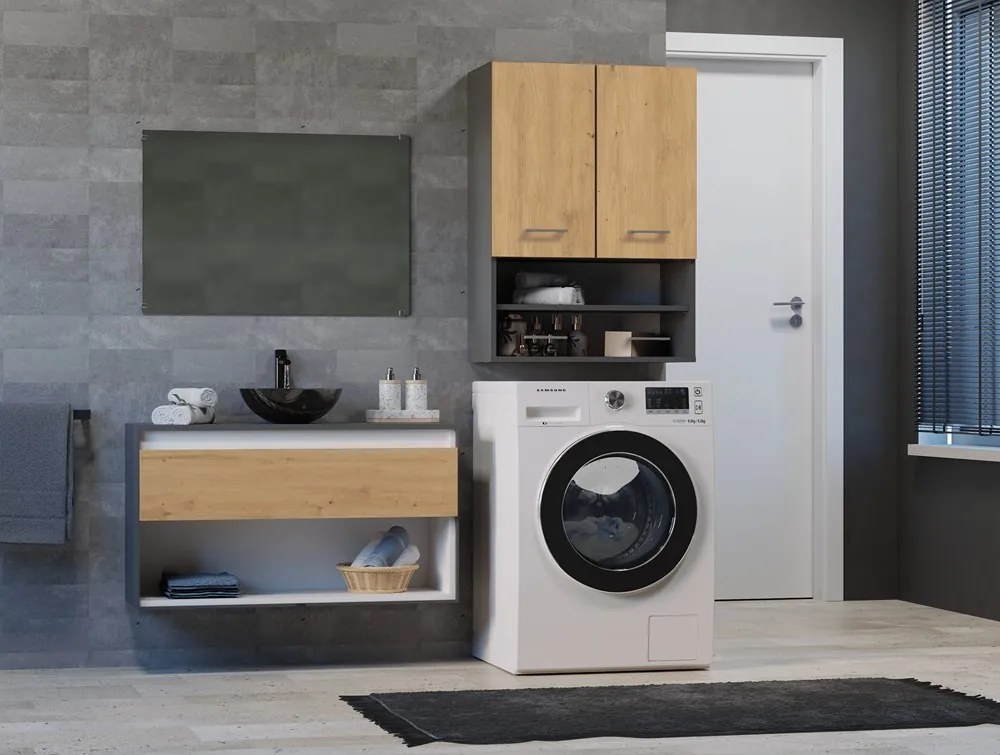 Dubová kúpeľňová skrinka s poličkami POLA  Dub artisan/antracit