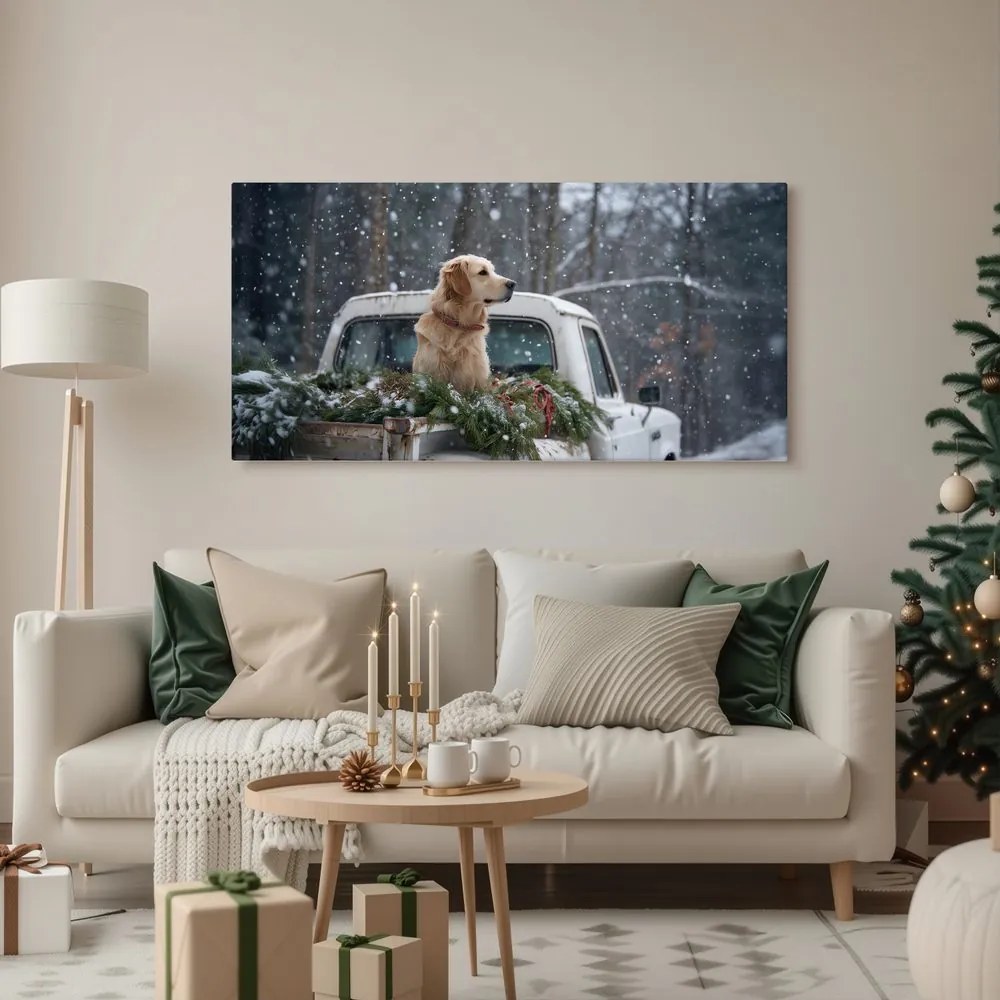 Vianočný obraz pes na korbe plnej ihličia