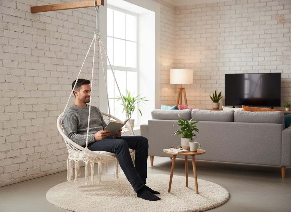 GARDEN LINE Závesné kreslo – Bocianie hniezdo s vankúšom 80 × 60 × 120 cm – béžové