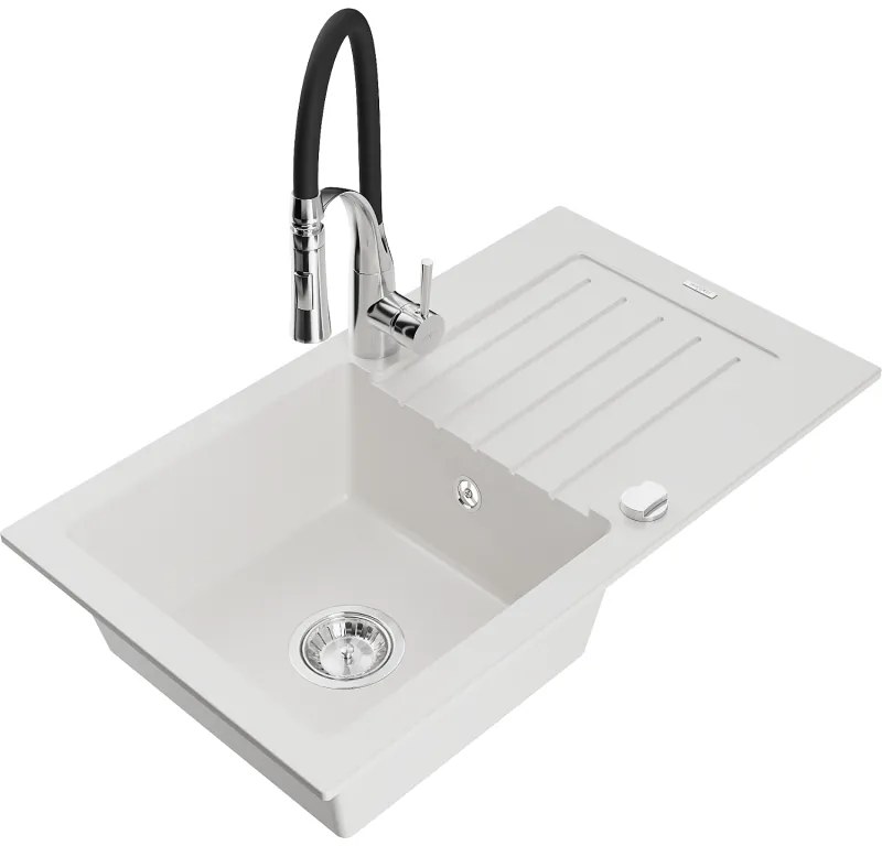 Mexen Pablo, 1-komorový granitový drez 752x436x161 mm a drezová batéria Aster, biela, 6510-20-73450-07