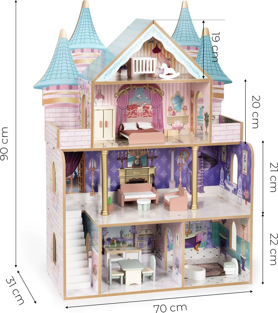 Drevený domček pre bábiky – zámok Bella, 4 poschodia, 5 miestností, 15 kusov nábytku, ECOTOYS