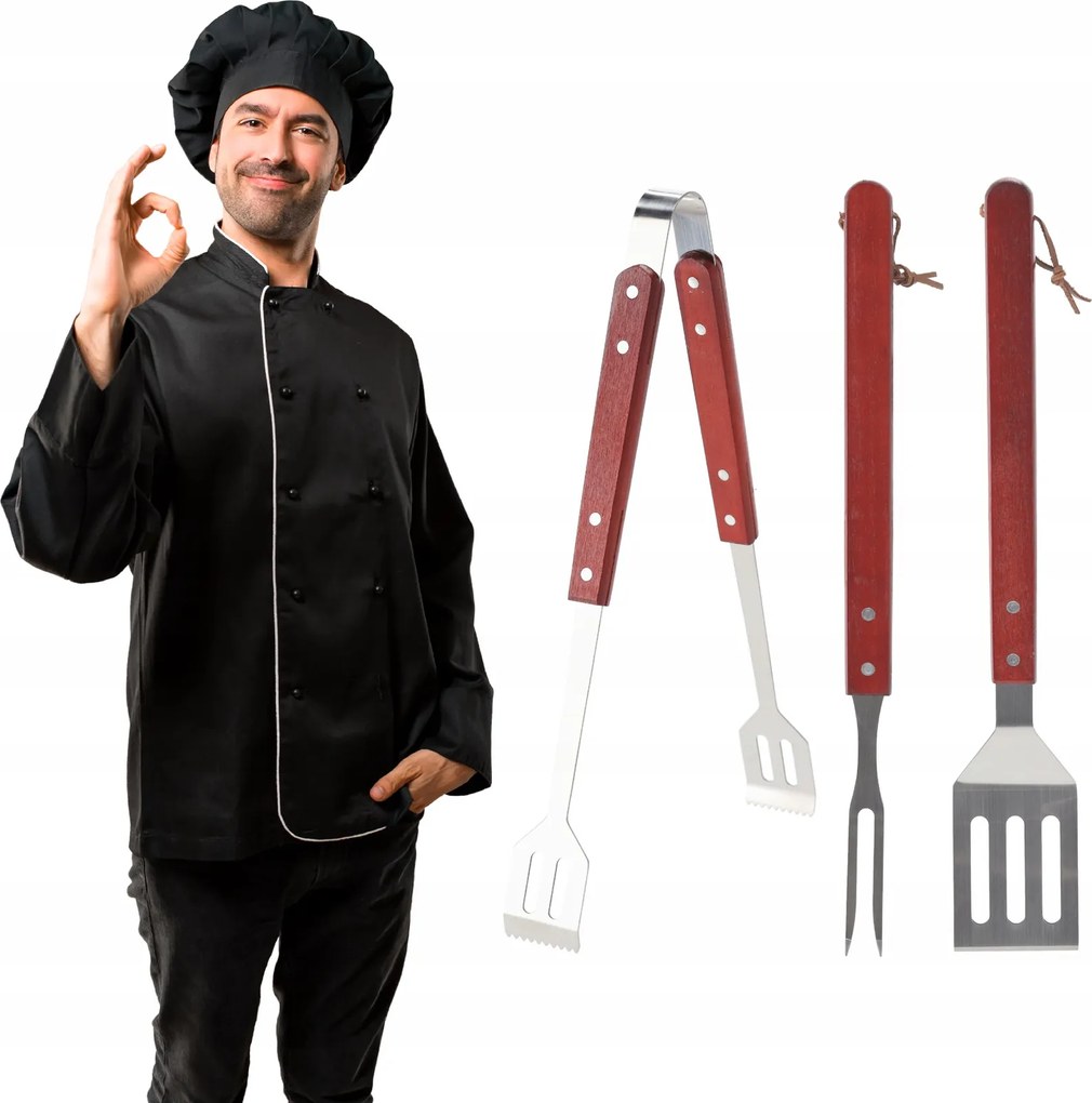 BBQ Meeting SADA 3 GRILOVACÍCH PRÍSLUŠENSTVÍ S DREVENOU RÚČKOU ŠPATULA/KLEŠTE/VIDLIČKA *0940