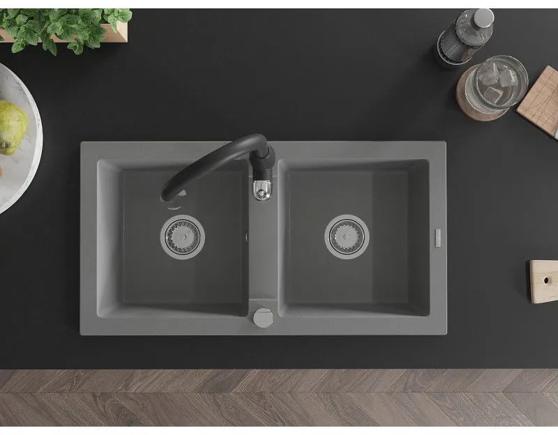 Mexen Mario, 2-komorový granitový drez 820x436x161 mm a drezová batéria Savita, šedá, 6504-71-672601-70