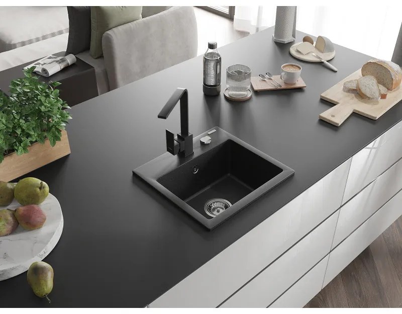 Mexen Milo, 1-komorový granitový drez 435x410x171 mm a čierna batéria Rita, čierna-strieborná metalíza, 6505-73-670300-70