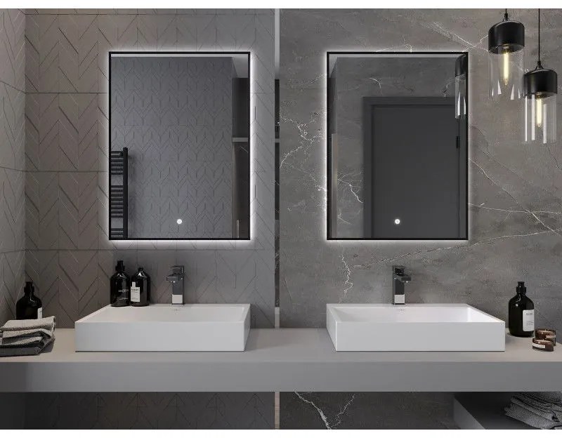 Mexen Erma, LED kúpeľňové zrkadlo s podsvietením a čiernym rámom 60x80 cm, 6000K, ochrana proti zahmlievaniu, 9814-060-080-611-70