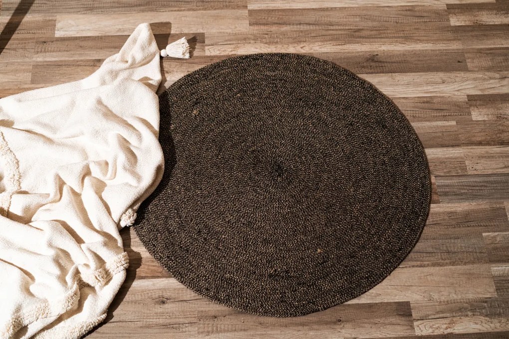 Čierny prírodný okrúhly jutový koberec - 90 cm