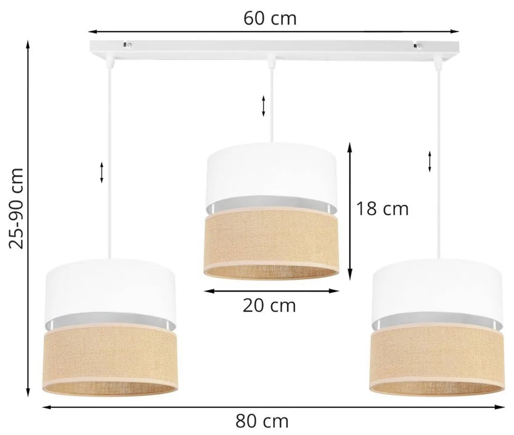 Závesné svietidlo Juta, 3x jutové/biele textilné tienidlo, w