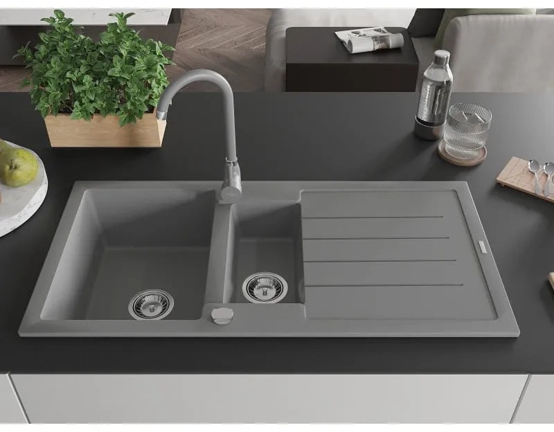 Mexen Andres 1,5-komorový granitový kuchynský drez s odkvapkávačom 100x50 cm a kuchynská batéria Telma, šedá, 6515-71-670200-71