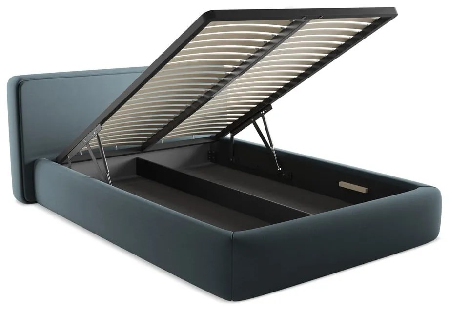 Modrá čalúnená dvojlôžková posteľ s úložným priestorom s roštom 140x200 cm Kiana – Makamii