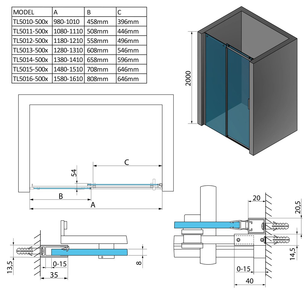 Polysan, THRON LINE SQUARE sprchové dveře 1500 mm, hranaté pojezdy, čiré sklo, TL5015-5002