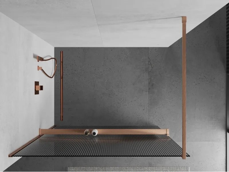 Mexen Kioto+, sprchová zástena Walk-In s poličkou a vešiakom 140 x 200 cm, 8mm sklo s rebrovým vzorom, medený matný profil, 800-140-121-65-09